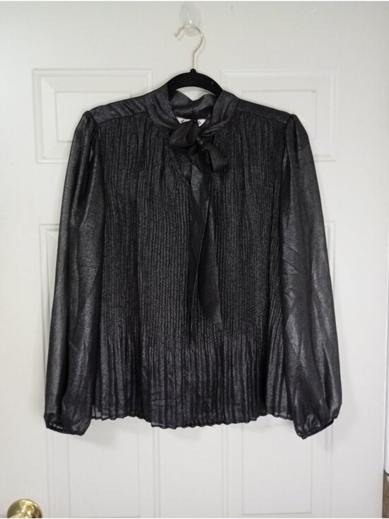 Nanette Lepore Tops - Nanette Lepore Metallic Black Pleated Long Sleeve Blouse With Tie Neck Size M